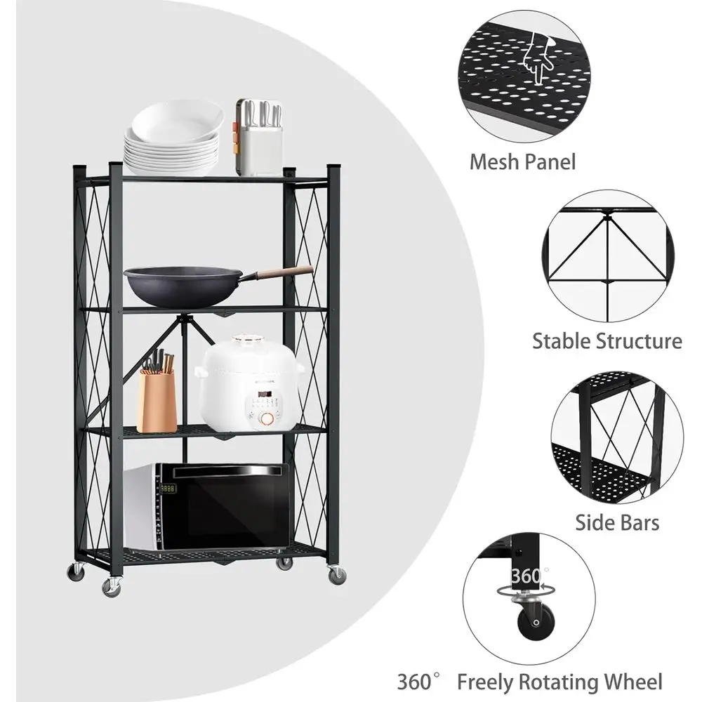 رف فولاذي قابل للطي عالي التحمل مكون من 4 طبقات مع عجلات، سعة 600 رطلاً، رف تخزين دوار للمطبخ والمخزن والمكتب - أسود