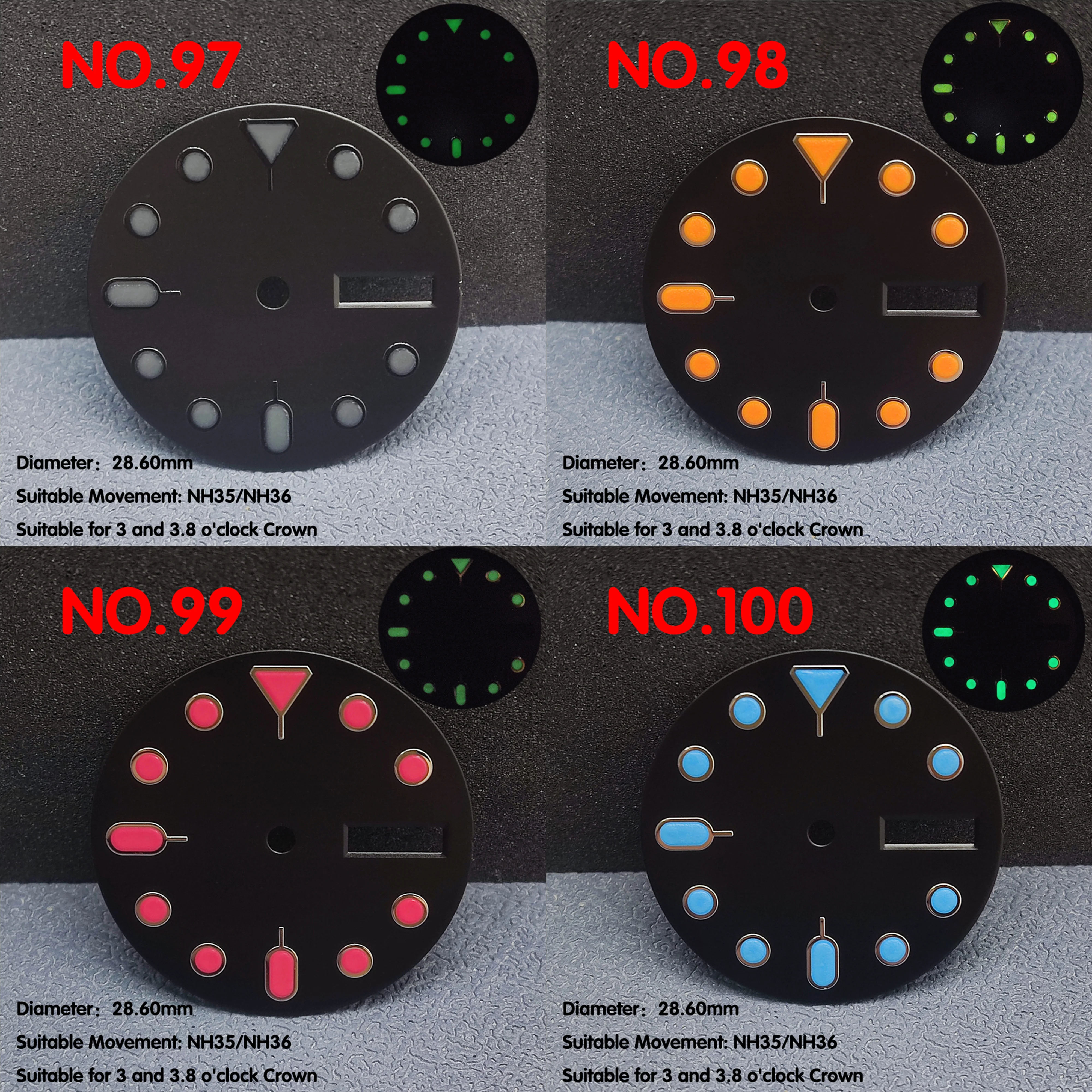 Único calendário Watch Dial adequado para NH35 NH36, relógio luminoso, ondinha de água, espelho, fosco, 28,6 milímetros