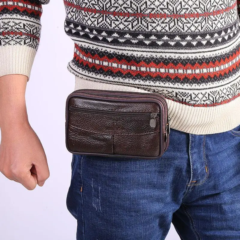 

Genuine Leather Hand Bag for Men, Large Capacity with Phone Pocket, Double Zipper Clutch Purse, Unisex Design