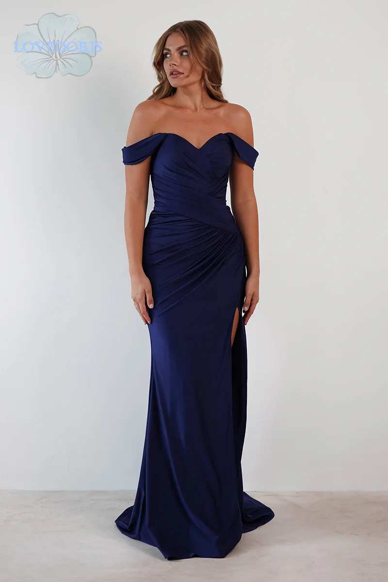 LoveDoris Bridesmaid Dress Long Satin Prom Dress Navy Blue Sweetheart Evening Party Dress Off the Shoulder Wedding Dress