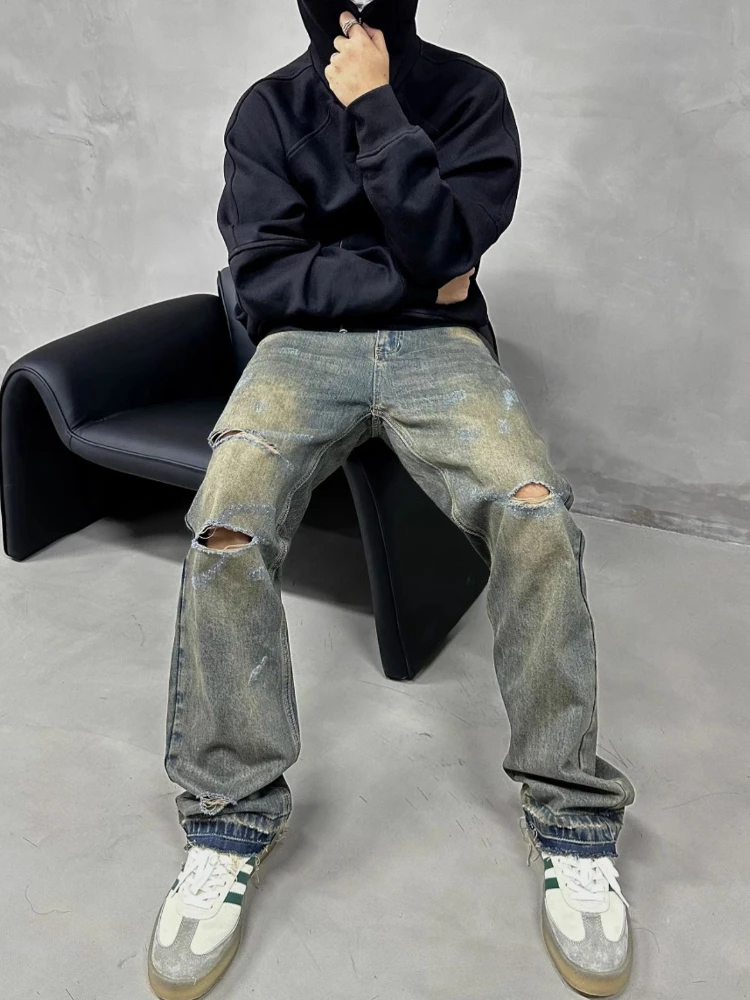 

Wasteland Style Yellow Mud Dyed Washed Distressed Knife Cut Destroyed Jeans Whisker Streetwear Hip Hop Trousers Men's Pants