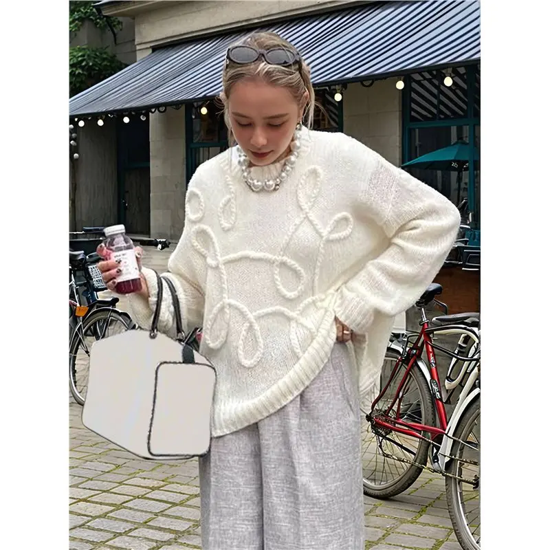 CYL-Fall Long Sleeve Pullover For Women Crewneck Casual Cute Line Decoration Chunky Knit Oversized Sweater