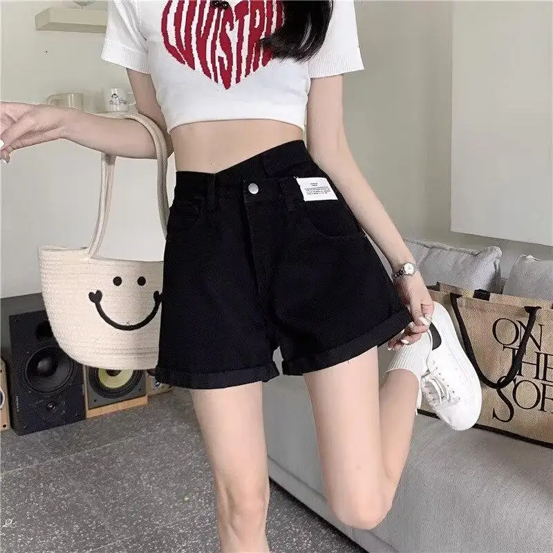 Korean Style High Waist Uneven Hem Denim Shorts Women's Spring Summer New Loose A-Line Trendy Hot Pants Fashionable Base Laye...