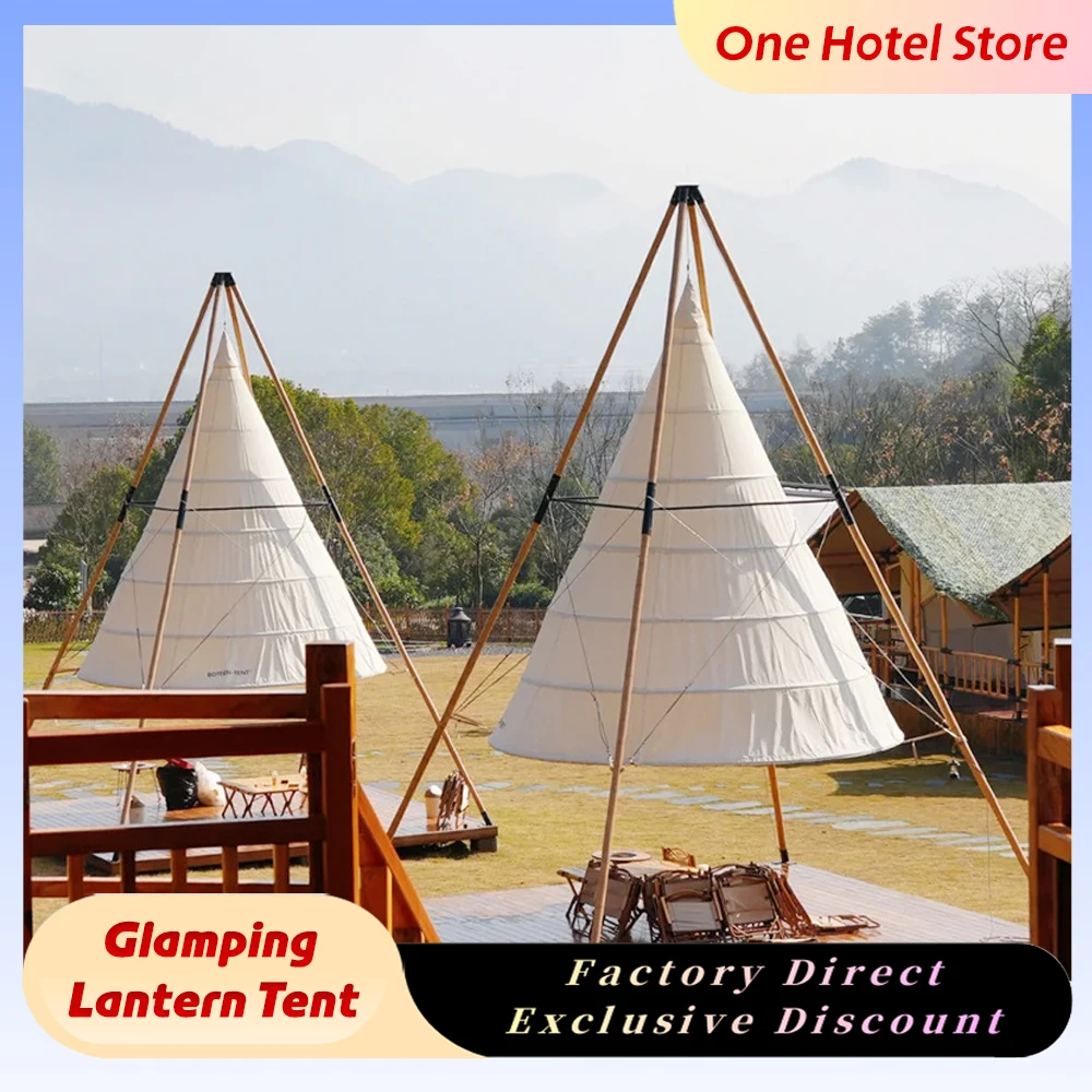Commercial Glamping Lantern Tipi Tent Waterproof UV Protection Bamboo Pole Pyramid Tent Outdoor Campsite Resort Shelter