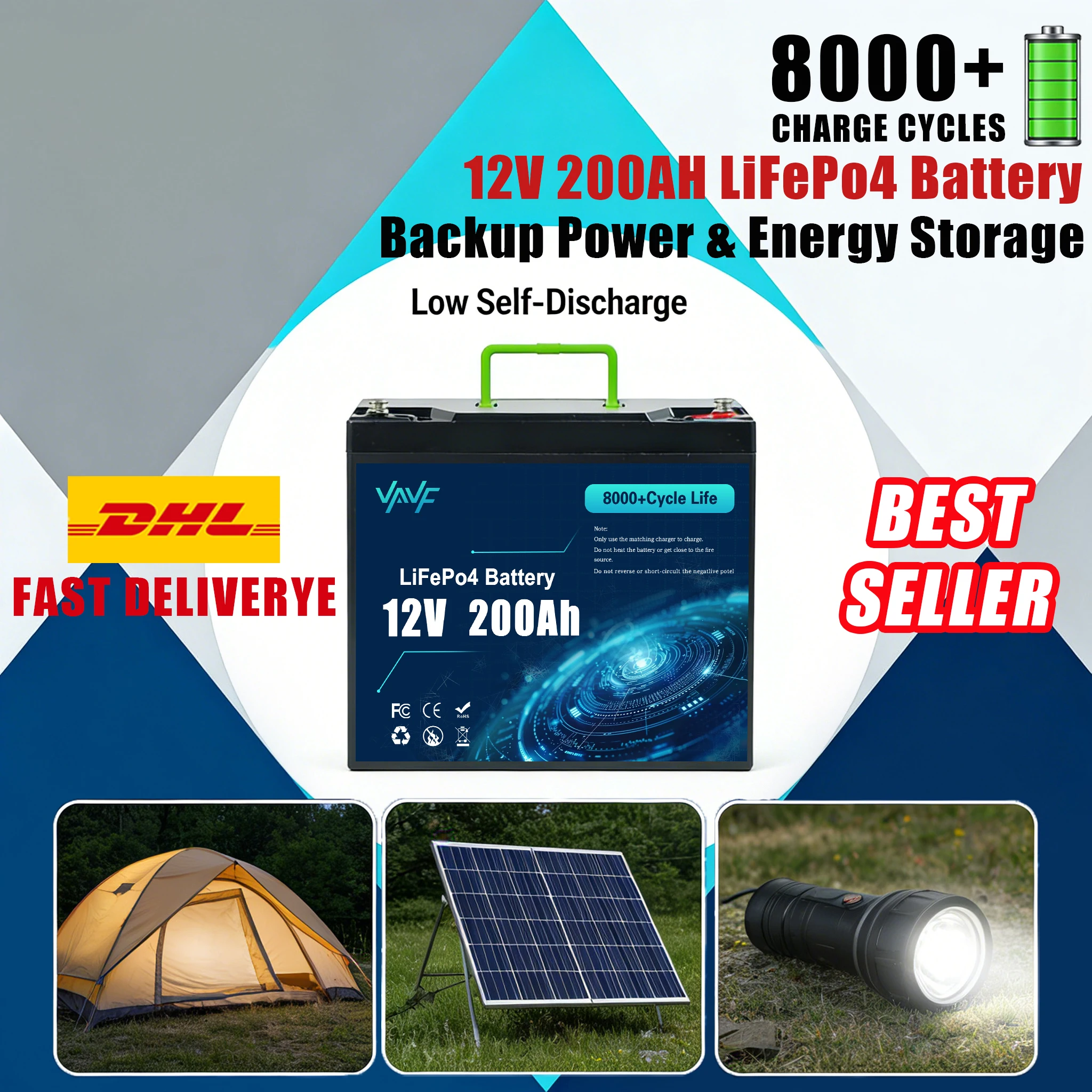 

12V⭐200Ah LiFePO4 Battery Built-in Smart BMS,5000+Cycles, Suitable for Solar Panels,Camper Vans,Marine Crafts,Overlanding