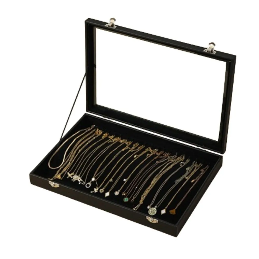 

Velvet Fabric Jewelry Storage Tray Wooden Glass Lid Pendant Display Case Dust Proof Large Capacity Long Necklace Box