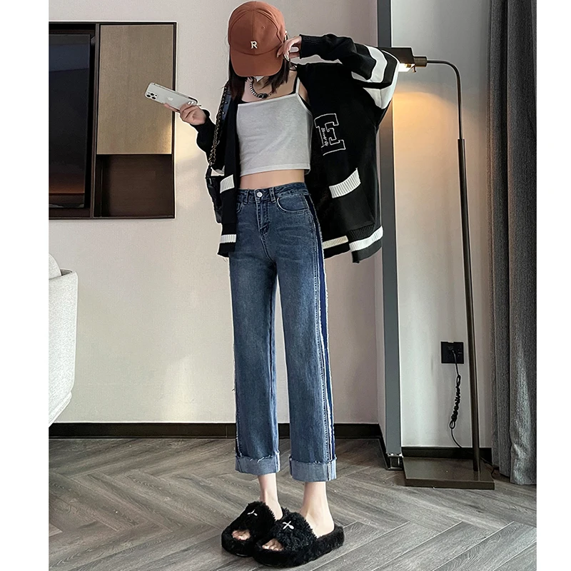 

Y2K Spring Color Blocking Straight Pants Women's Jeans 2024 Hundred High Wais Pant Korean Nine Points Straight Jeans