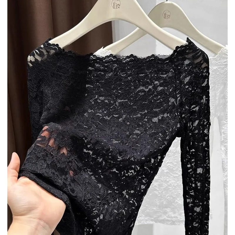 Slim Fit Lace Base Shirt Women's Fashion plus Size New Pure Desire Style Hollow out Shoulder Long Sleeve T-Shirt Top