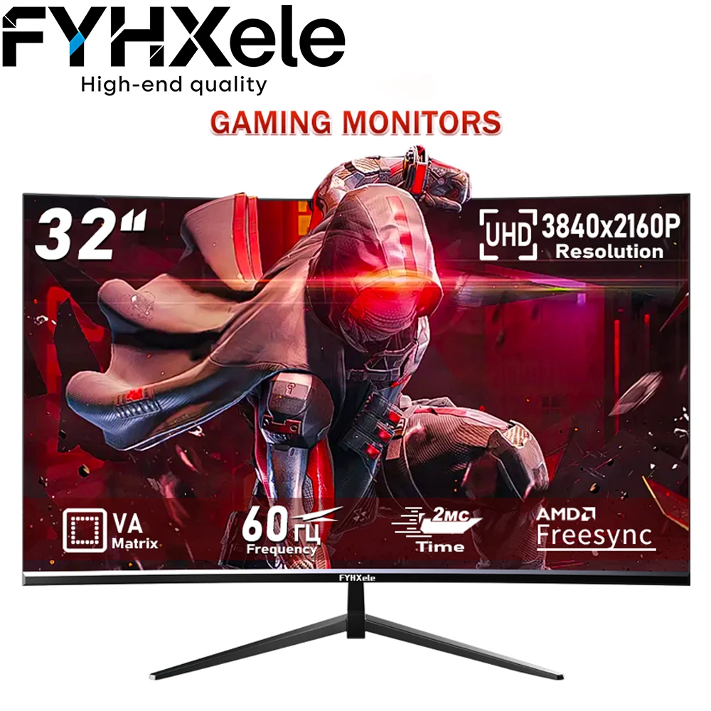 FYHXele 32 Zoll 4K Gaming-Monitor 3840x2160P UHD Gebogener Bildschirm VA-Matrix-Panel 60Hz 2ms Reaktionszeit AMD Freesync Desktop-Computer PC Gaming-Display Gamer LED-Monitor für PS5 Xbox Laptop