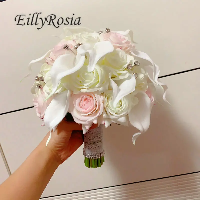 EillyRosia ريال اللمس الأبيض والوردي باقة الزفاف للعروس كالا الزنابق الراين الورود رومانسية شريطة من الدانتيل الزهور وهمية
