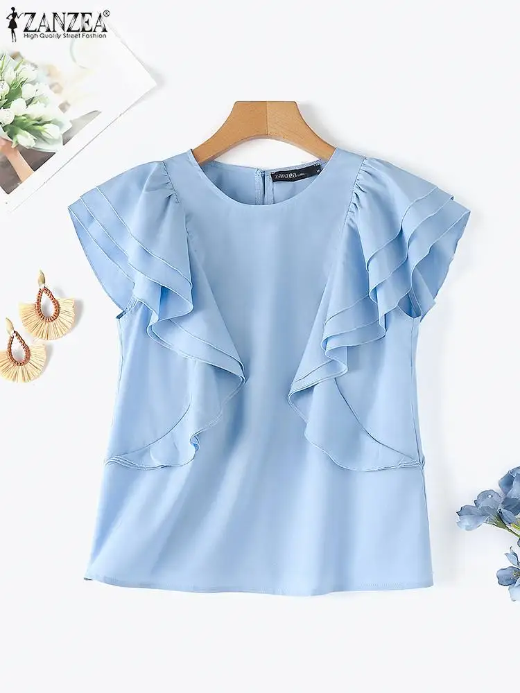 ZANZEA Women 2024 Summer Blouse Fashion Cap Short Sleeve Tunics Holiday Ruffle Stitching Blusas Casual Loose Solid Color Tops