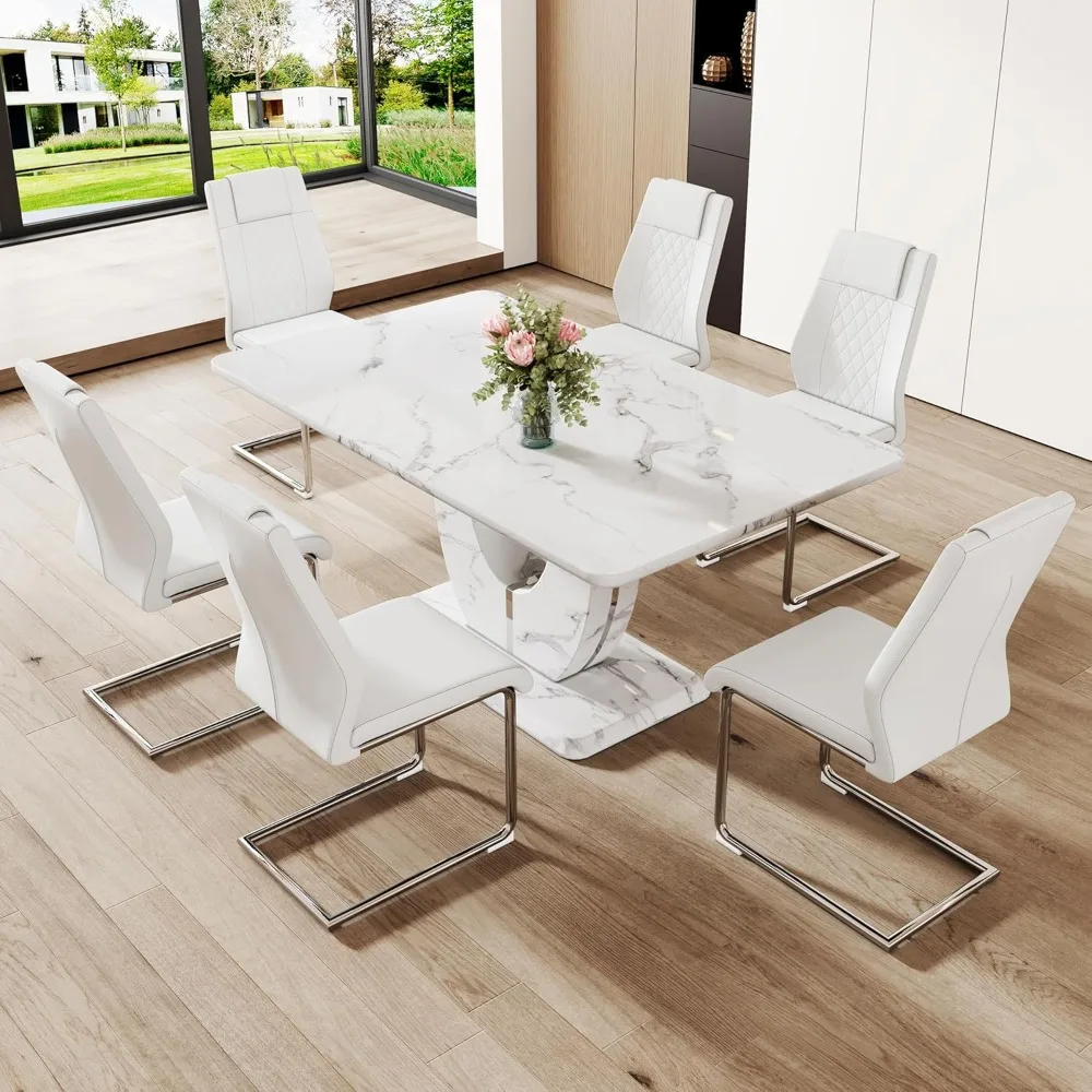 

Dining Table Set for 6, PU Leather Upholstered Chairs, White Marble Table with 6 Chairs, Dining Room Sets, 63''