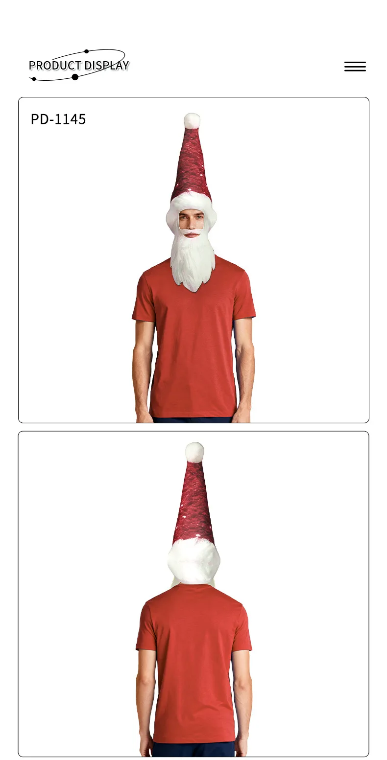 Lustige lange Weihnachtsmannmütze mit weißem Plüschbart, vollständige Gesichtsbedeckung, Weihnachtskopfbedeckung, Weihnachtsdekoration für Erwachsene, Familie, Kinder, Urlaub, Cosplay-Kopfbedeckung – Detail 4