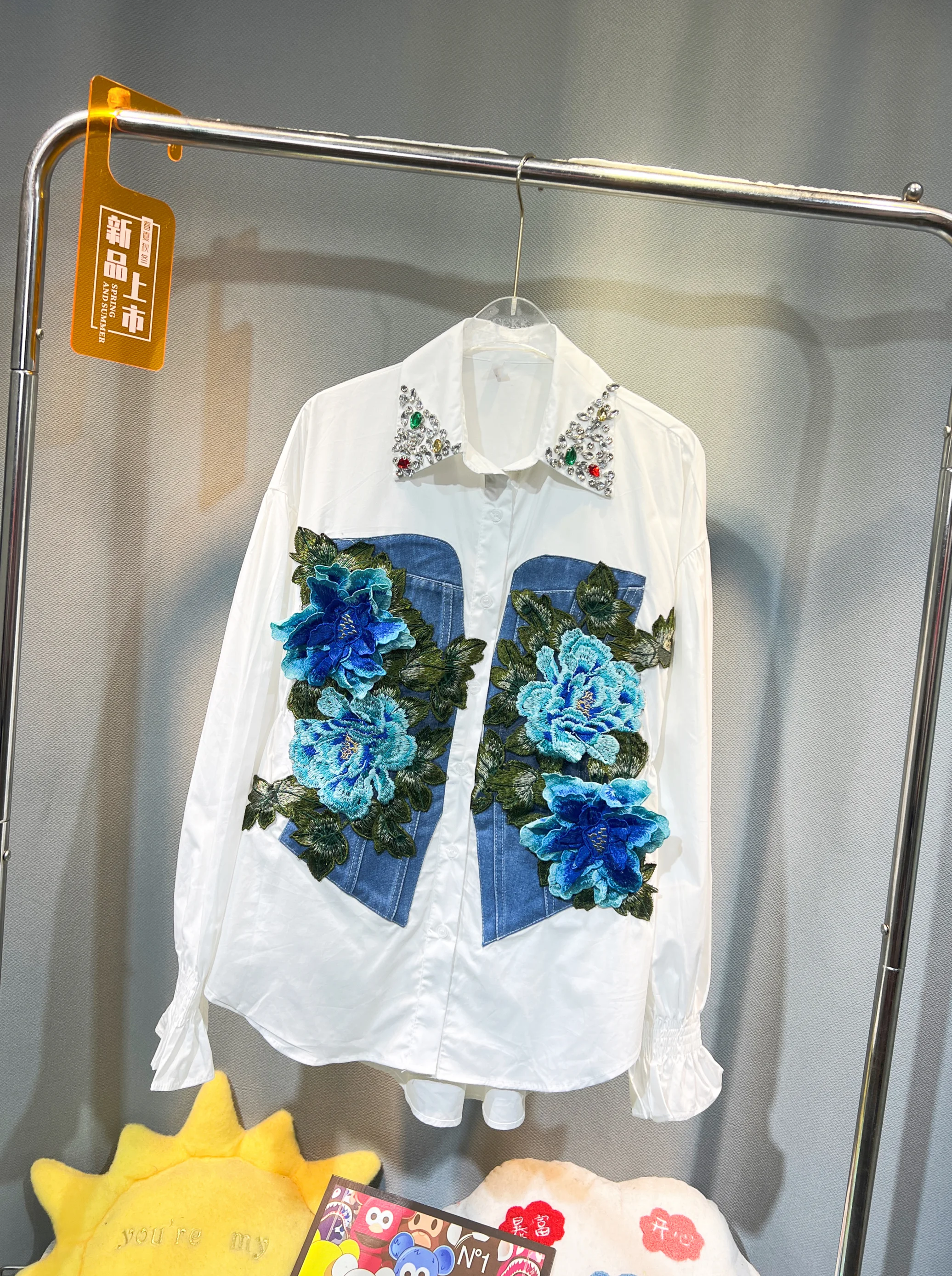 Vintage Women Denim Patchwork White Shirt Elastic Waist Floral Embroidered Blouses Diamonds Collar Cardigan Long Sleeved Tops