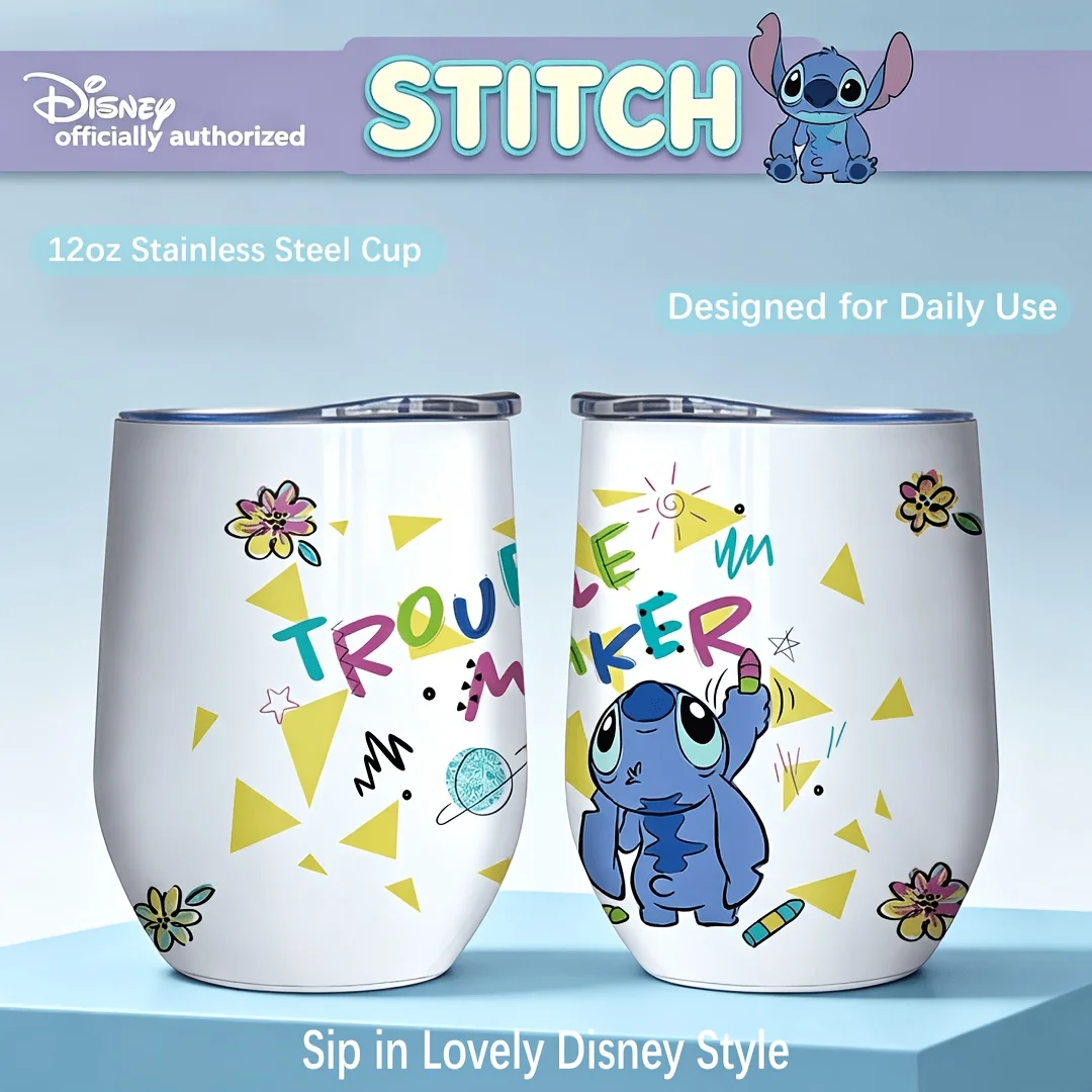 1pc 12oz Disney Cute Trouble Maker Stitch Stainless Steel Wine Tumbler Portable Drinkware Cup for Home Outdoor Holiday Gift