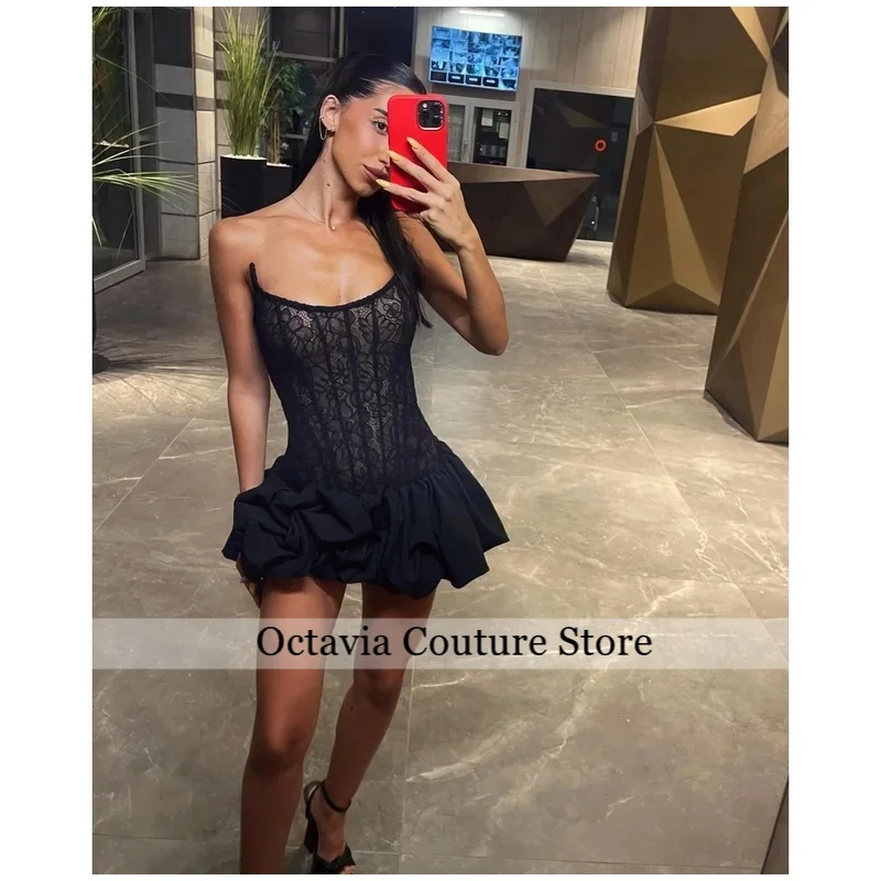 ชุดราตรีสีดำแบบสั่งตัด สายเดี่ยว เปิดหลัง ชุดราตรีแขนกุด ผ้าลูกไม้ กระโปรงสั้นทรงเอ ชุดออกงานกลางคืน ปี 2025