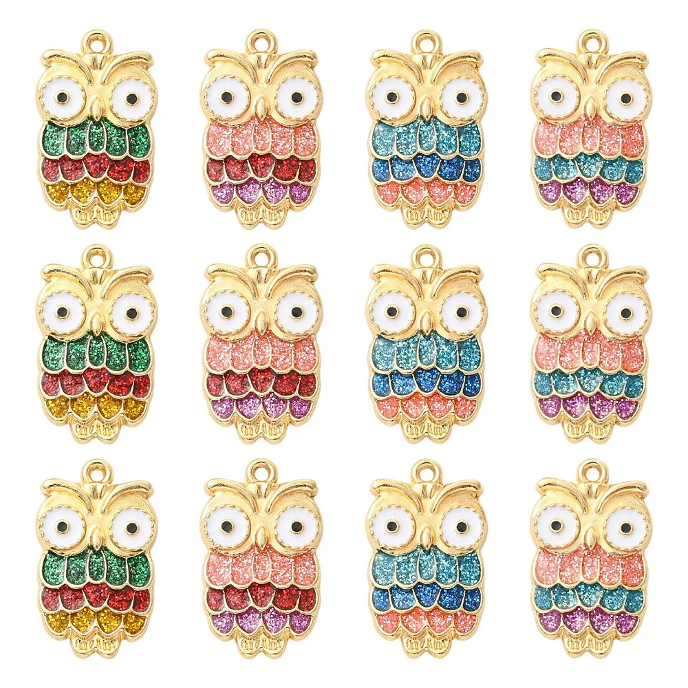40pcs Alloy Enamel Owl Charms Jewelry Decor Multicolor Glitter Powder Animal Pendant for DIY Earrings Bracelet Necklace Crafts