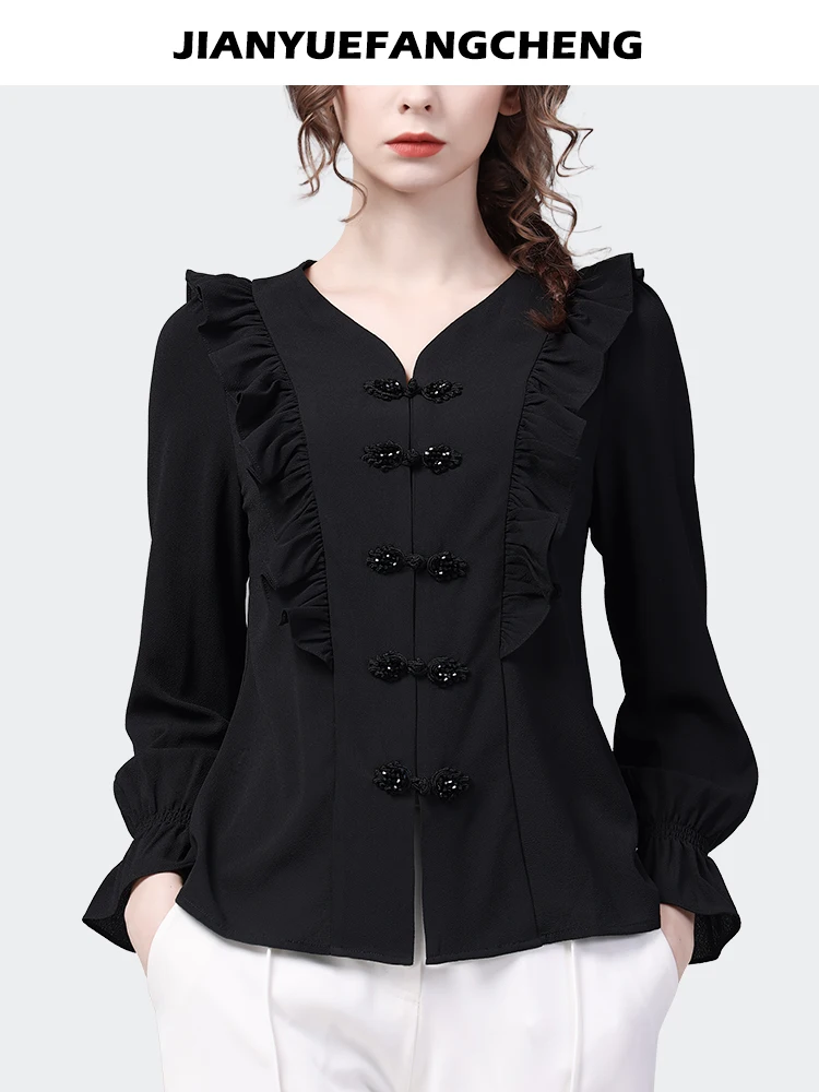 Fashion Womens Long Sleeve V-Neck Black Ruffles Blouse Loose Plus Size Spring Summer Tops Elegant Vintage Office Ladies Shirts