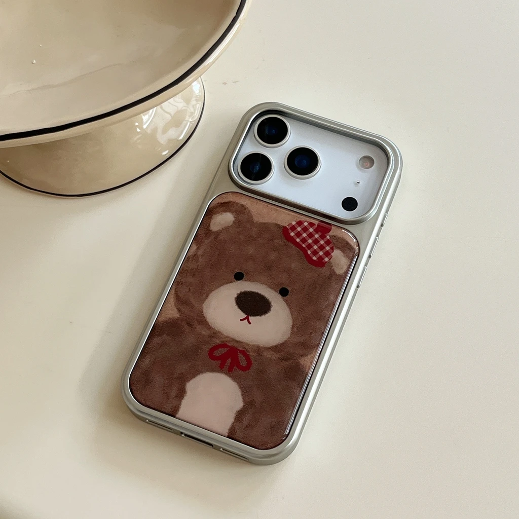 الكرتون لطيف الدب البني الأحمر قبعة Bowknot قطرة الغراء الفضة الحدود صدمة برهان غطاء الهاتف القضية آيفون 17 16 15 14 برو ماكس