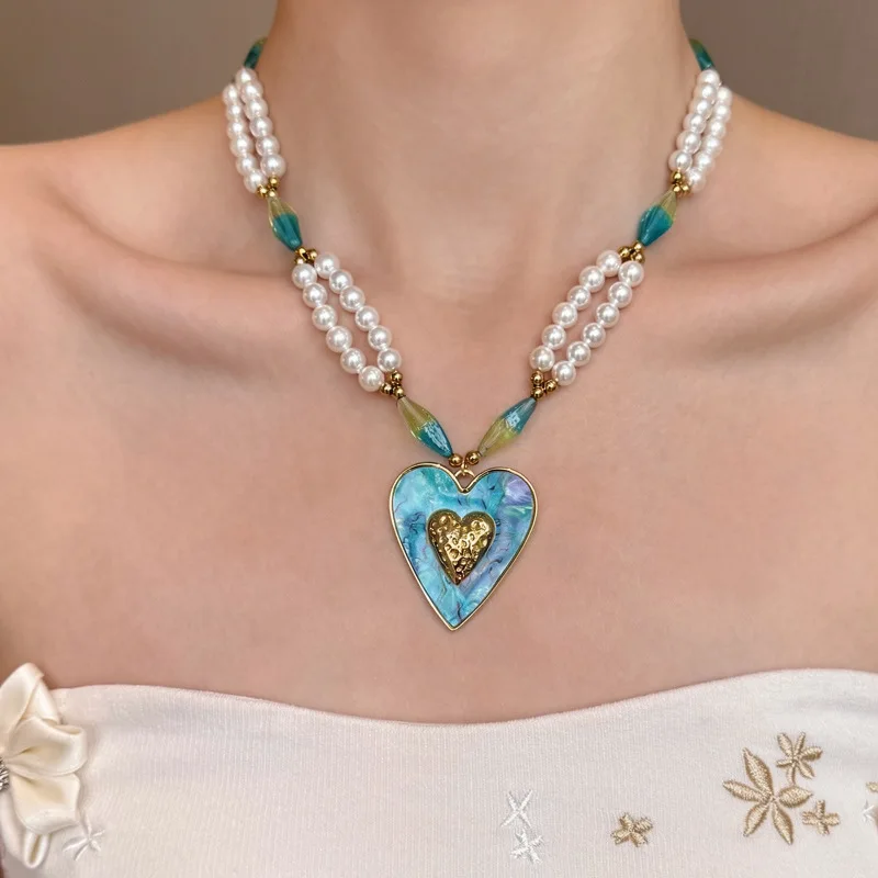 Minar New Fashion Green AB Color Resin Big Love Heart Pendant Necklaces for Women Simulated Pearl Glass Beads Strand Chokers