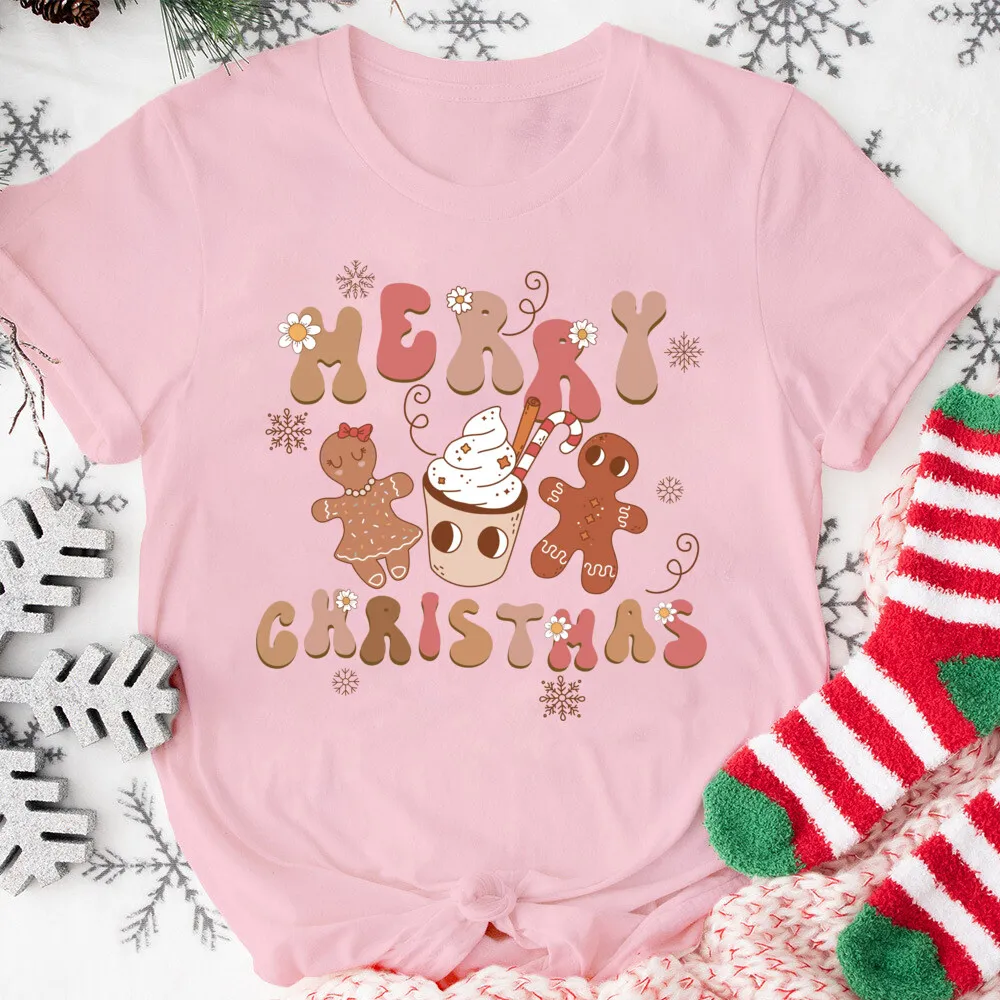 Merry Christmas Women\'s Short Sleeve Tee Christmas Gingerbread Cookies Printed Shirts Xams Party T-shirt Holiday Outfit Tee