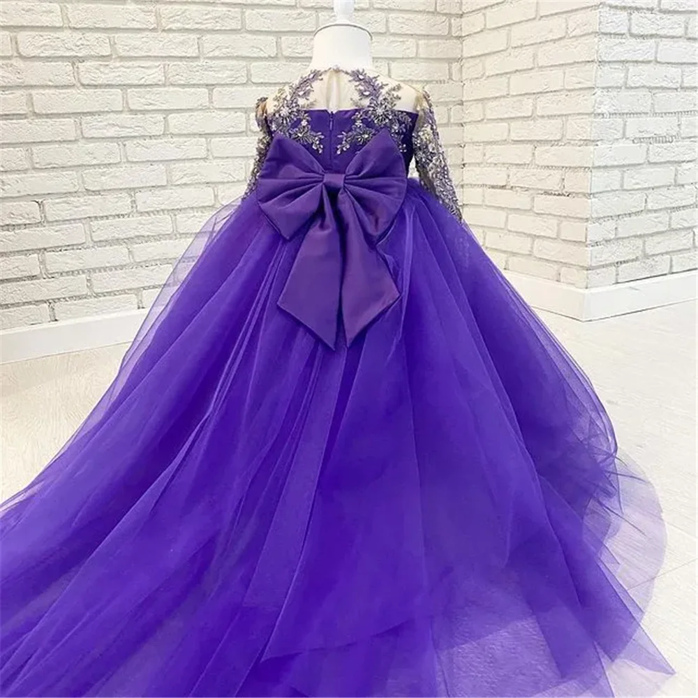 Vestido de niña de flores con cuentas de encaje, vestido de baile con cuello transparente y mangas largas, regalo de cumpleaños para niños, vestidos de boda para desfile