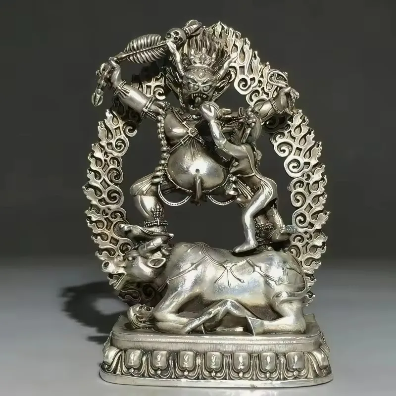 Antique White Copper Tibetan Dharma Protector Yan Mo Enemy Statue Home Worship Town House Fortune Crafts Feng Shui Ornaments
