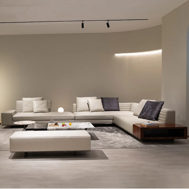 Leather sofa light luxury straight row living room small apartment modern simple leather art sofa