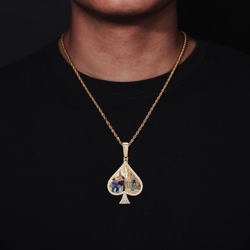 Custom Photo Pendant Necklace Chain Brass 5A Zircon Spades Photos Pendant Hip Hop Jewelry Personalized Custom Name Engraved