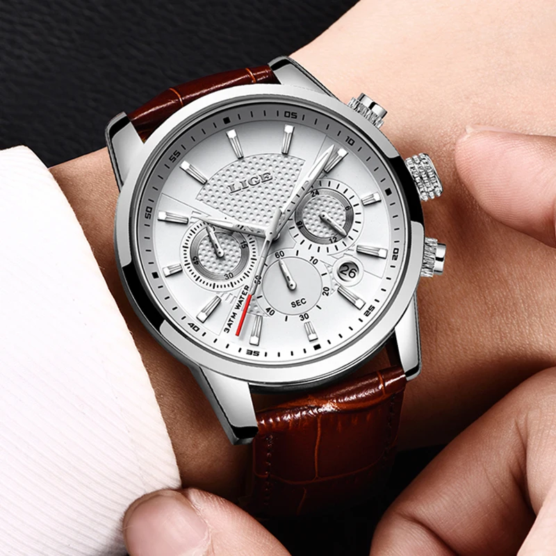 LIGE Fashion Leather Watch Men Army Military Quartz Mens Watches Top Brand Luxury Sports Waterproof Watch For Men Reloj Hombre