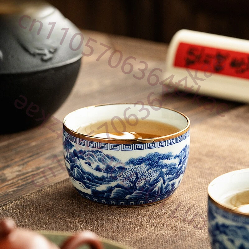 

Jingdezhen-Hand-painted Blue and White Cup, Inlaid with Gold Ceramic, Tea Set