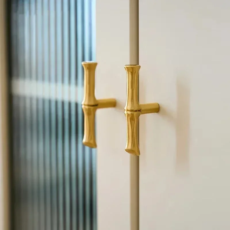 yesSatin Brass Bamboo-shaped Furniture Handle Solid Brass Kitchen Cabinet Pull T Bar Handle for Bedroom Vintage Handle