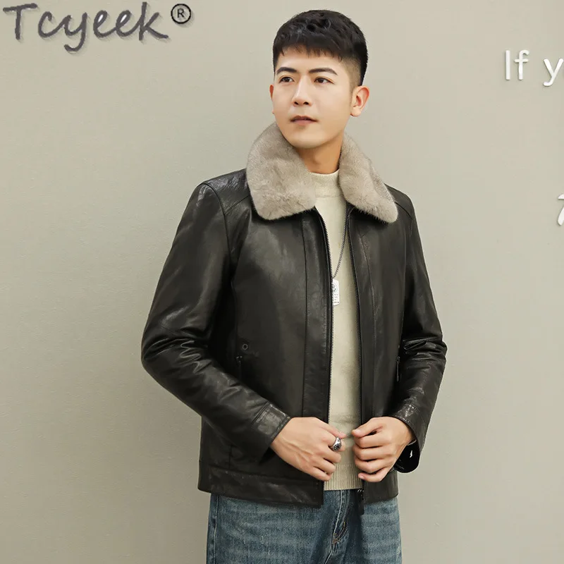 Tcyeek Casual Top Layer Goatskin Coat for Men Warm Winter Mink Fur Lapel Collar Fashion Genuine Leather Down Jackets Man Clothes