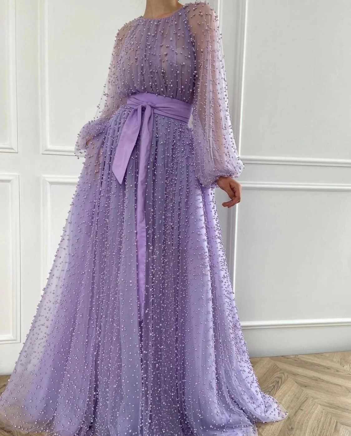 

Luxury Moroccan Evening Dresses A-line Long Sleeves Tulle Pearls Lilac Long Turkey Dubai Saudi Arabia Prom Dresses Gown