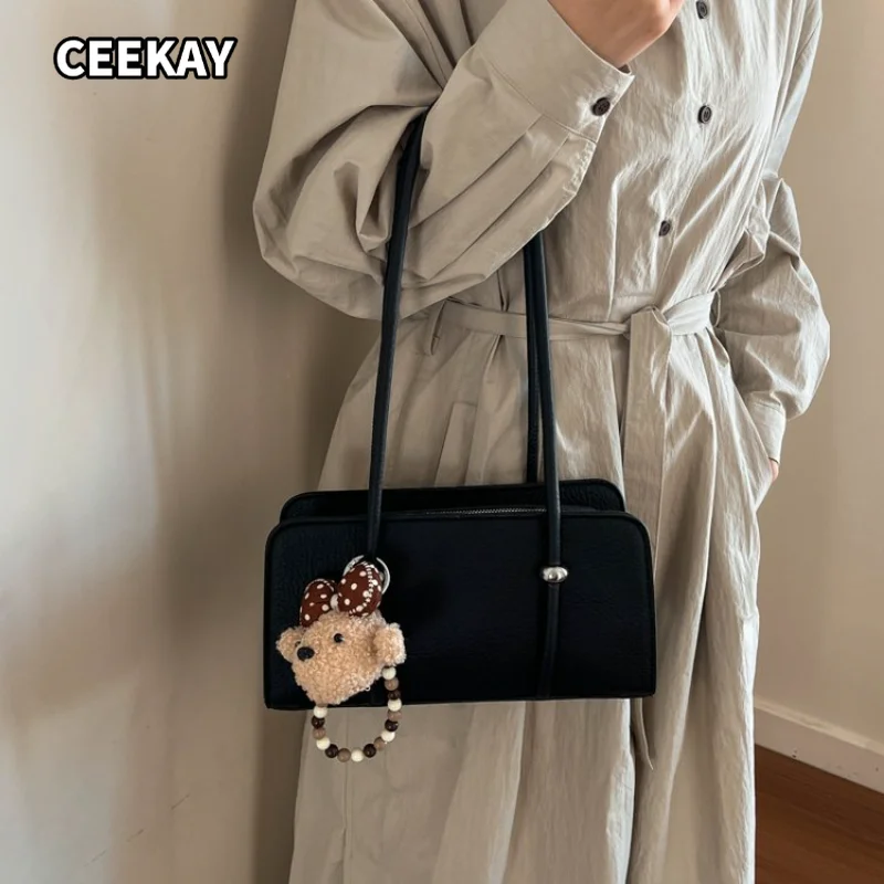 CEEKAY Women's Shoulder Bag Cream White Soft PU Leather Large Flap Handbag Snap Pocket Plush Bear Pendant Daily Casual Sweet