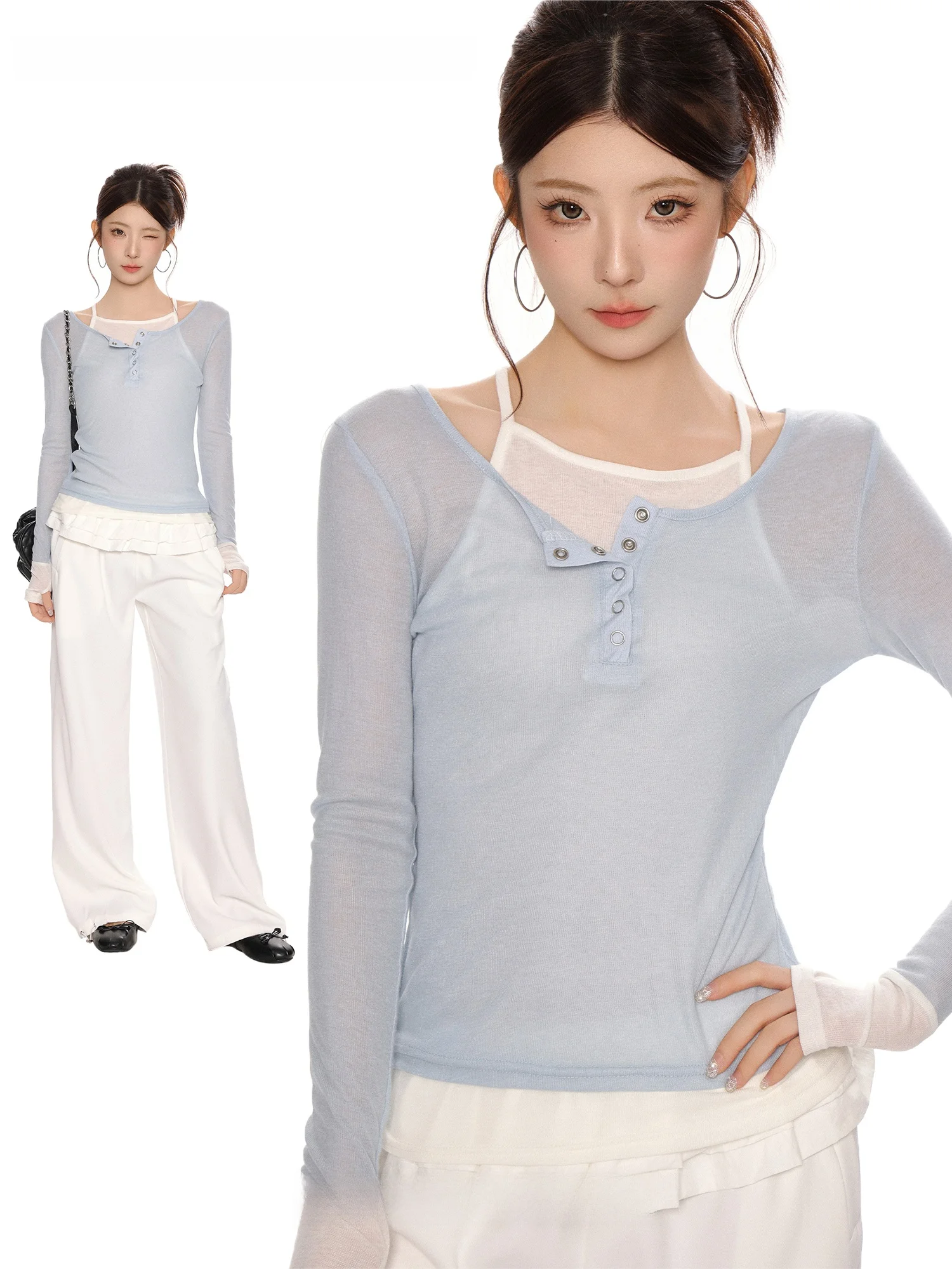 

Синяя легкая летняя футболка с длинным рукавом и V-образным вырезом, облегающая, вязаная, с защитой от солнца, женская, в стиле «сладкий и пикантный», от IYUE