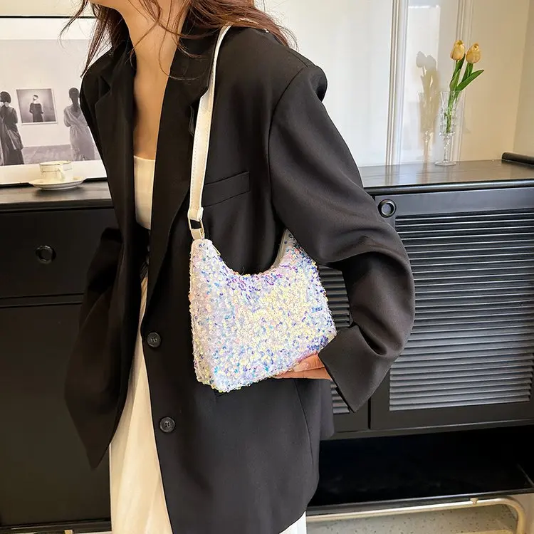 Sac à bandoulière décontracté à paillettes colorées pour femmes, sac à bandoulière polyvalent, cuir PU, fermeture éclair, sous les bras, nouveaux abonnés à la mode