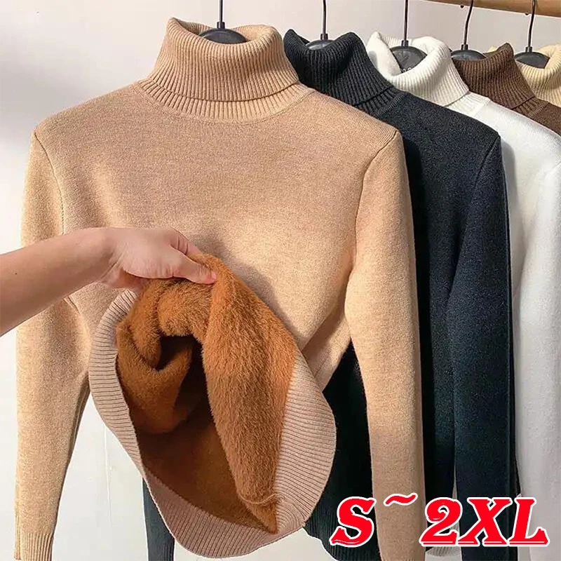 2023 Women's Fleece Lined Thick Turtleneck Sweater Velvet Warm Pullover Autumn/Winter Women's Inner Knitted Pullover