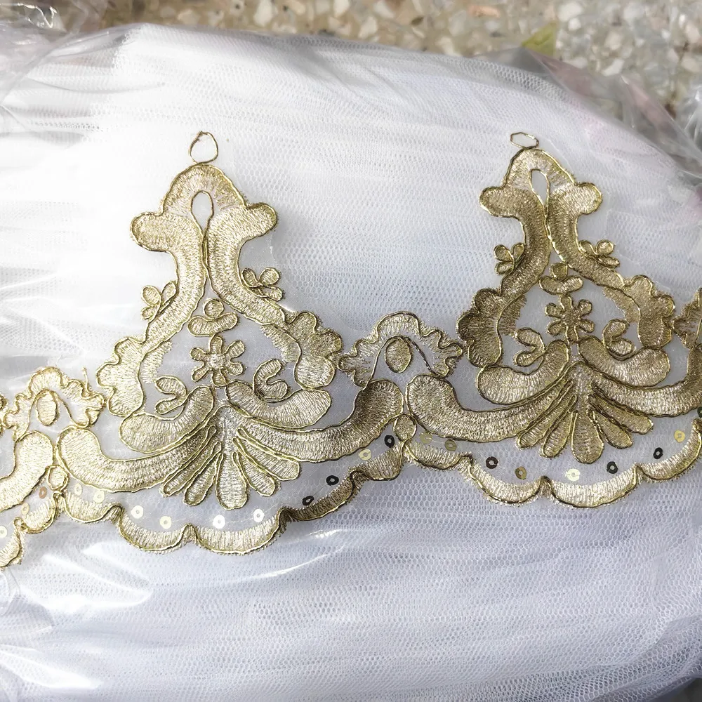 1 Yard Gold Embroidered Lace Fabric For Wedding Dress Diy Apparel Appliqued Champagne Gold Lace Trims Scalloped Bridal Sashes