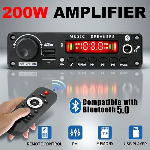 NEW 200W  Amplifier Bluetooth DIY MP3 WAV Decoder Board DC 12V 100W  Wireless Car USB MP3 Player TF Card Slot USB FM with Mic