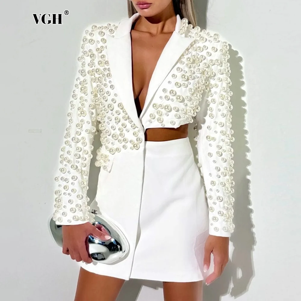 VGH Sexy Style Women's Two Piece Set Notched Collar Long Sleeve Patchwork Peals Irregular Top High Waist Mini Skirts Suit Female