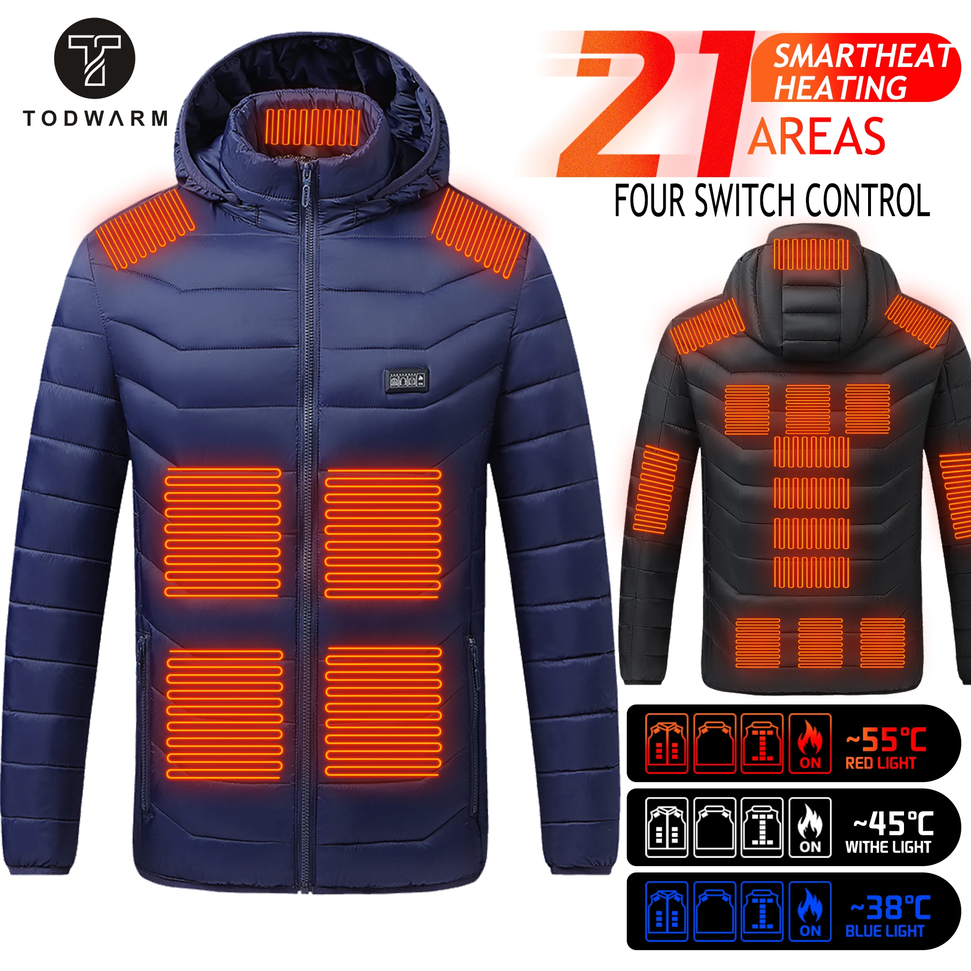 TODWARM-Chaqueta calefactora eléctrica USB para hombre y mujer, chaqueta de motocicleta, 21 áreas, Invierno