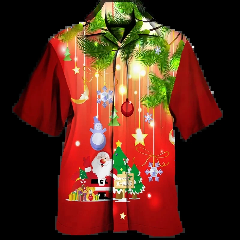 New Year Christmas Men Hawaiian Shirt Xmas Santa Claus Casual Short Sleeve Lapel Tops 3D Print Holiday Party Merry Y2k Blouse