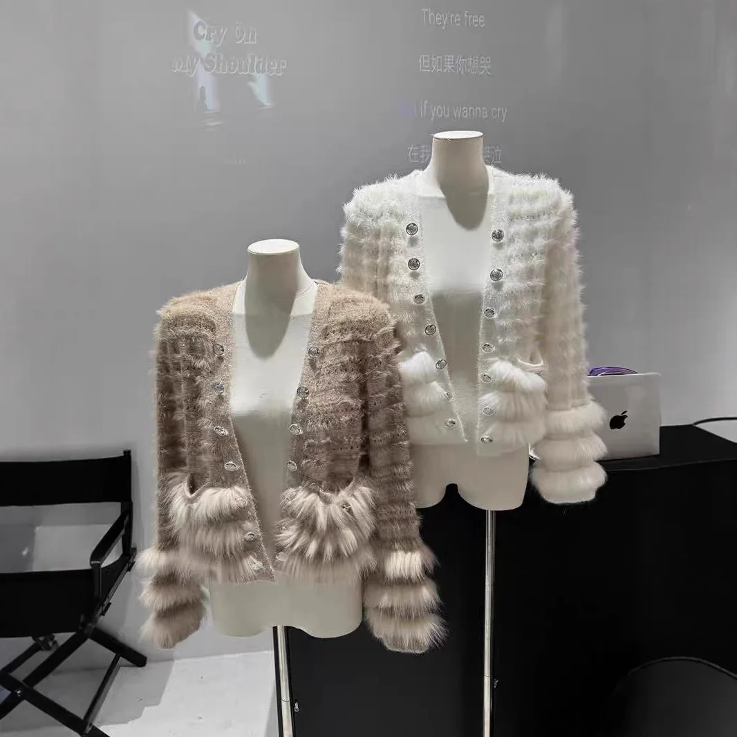 

Осень/зима корейский стиль свитер с v-образным вырезом кардиган для женщин свитер с блестками из лисьего меха модный короткий вязаный кардиган женские топы