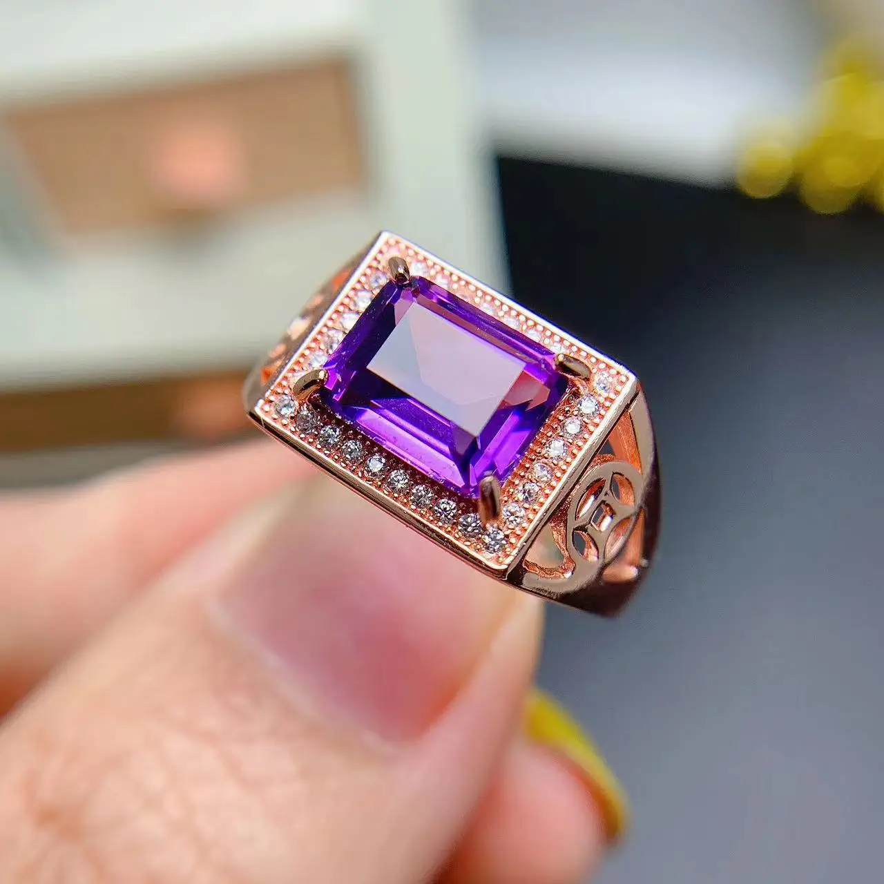 

Кольцо с чистым аметистом для мужчин, кольцо из стерлингового серебра 925 пробы с аметистом в китайском стиле, мужские украшения, не выцветающее кольцо с драгоценным камнем, позолота 18 карат