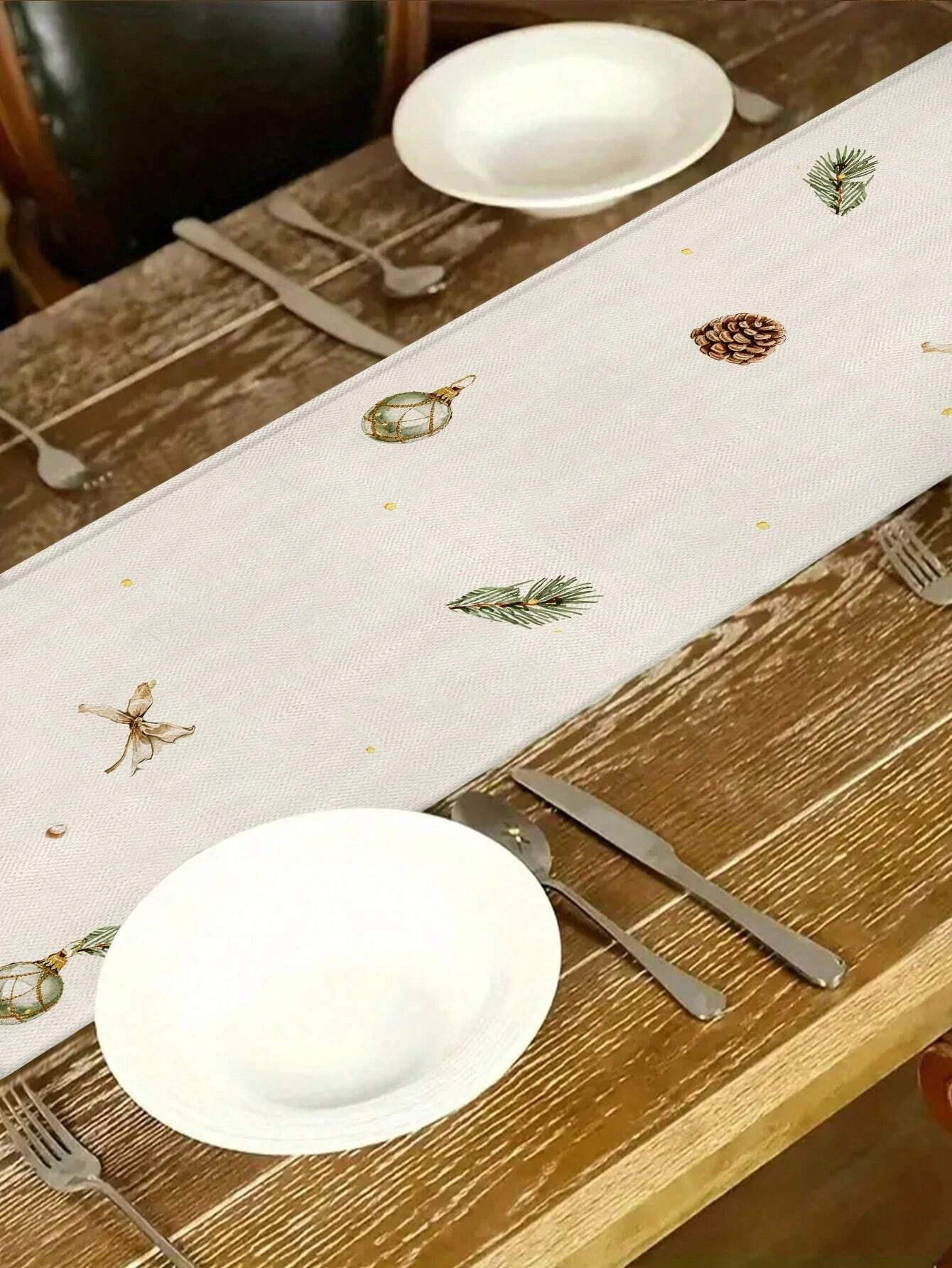 JIT 1pc Christmas Gift Pine Cone Table Runner Beige Gold Ornament Design For Holiday Dining Table Decor Elegant Durable