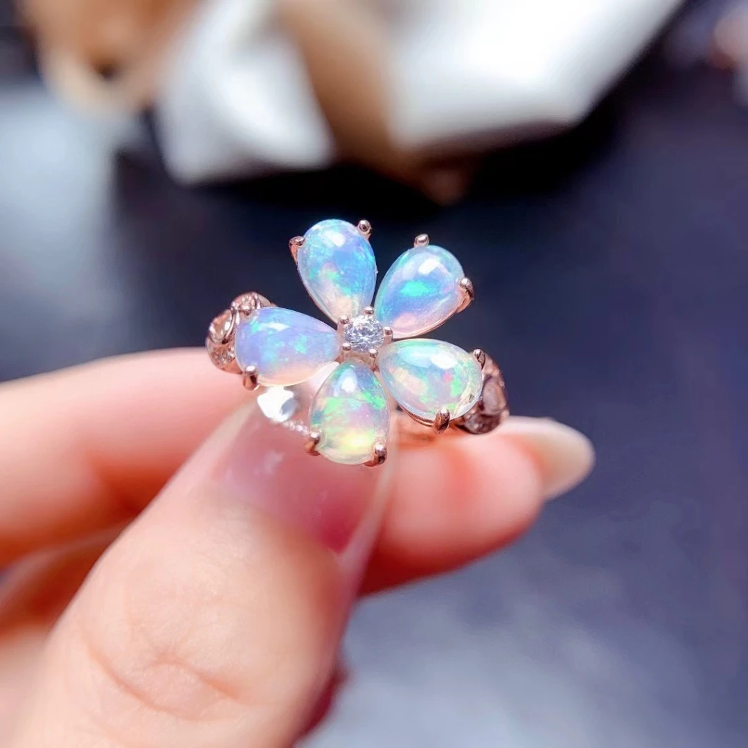 

MeiBaPJ 5mm*7mm Natural Opal Gemstone Fashion Flower Colorful Ring for Women Real 925 Sterling Silver Charm Fine Wedding Jewelry