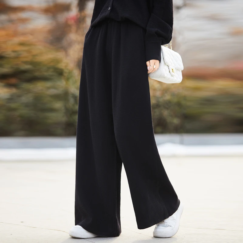 100% Wool Spring and Autumn Women's Suit Shirt Collar Sweater Cardigan Loose Casual Wide-Leg Pants Knitted Fashion Two-Piece Set view 6