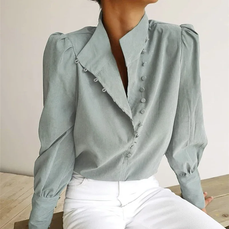 

Elegant Turtleneck Blouse Long Sleeve White Shirt Office Ladies Top Casual Solid Single-Breasted Puff Sleeve Womens Blouses