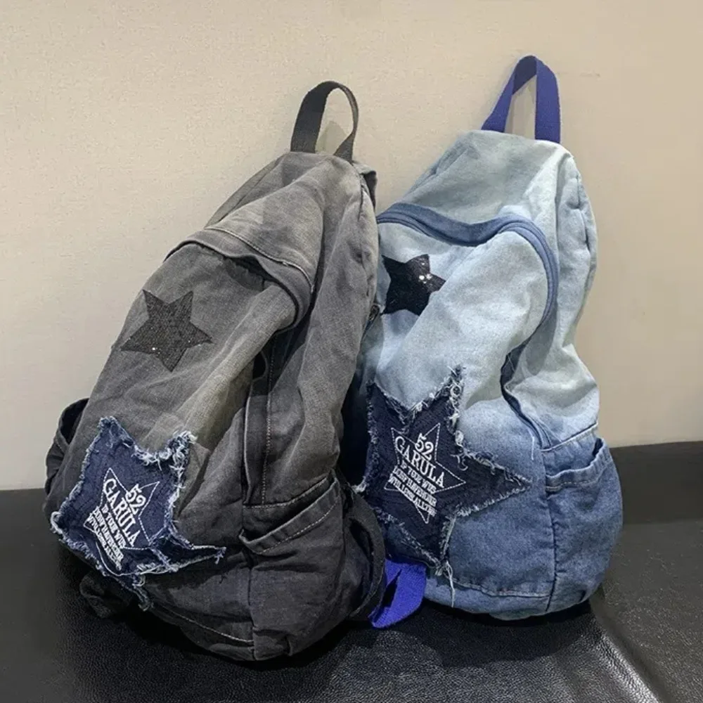 Fashion Star Pattern Denim Backpack Y2K Large Capacity Student Schoolbag Punk Book Bag Adults